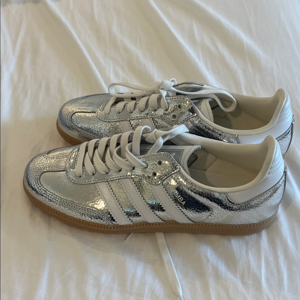 Adidas Gazelle Silver and White Sneakers - Picture 2 of 4